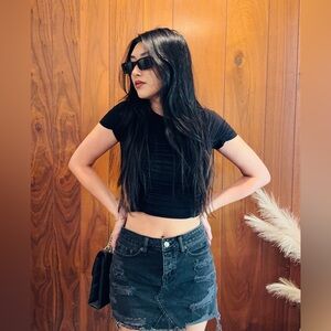 American Eagle Outfitters Black-Washed Ripped Denim Mini Skirt